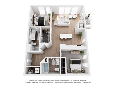 A 3D floor plan of a small apartment with a kitchen, living room, and bathroom.